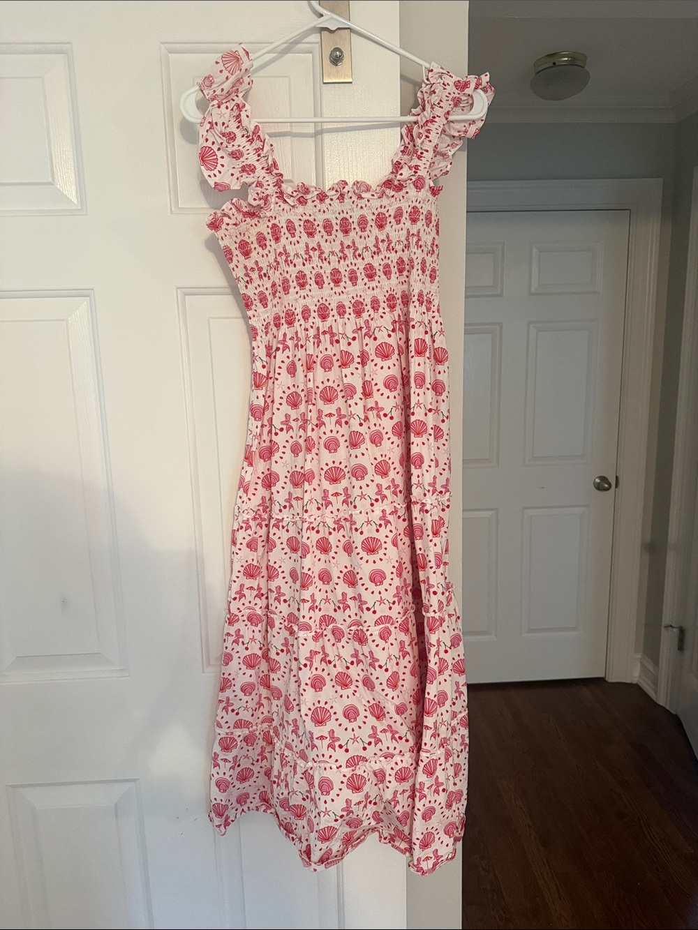 Hill House Pink Floral Smocked Midi Dress with Ruffle Straps